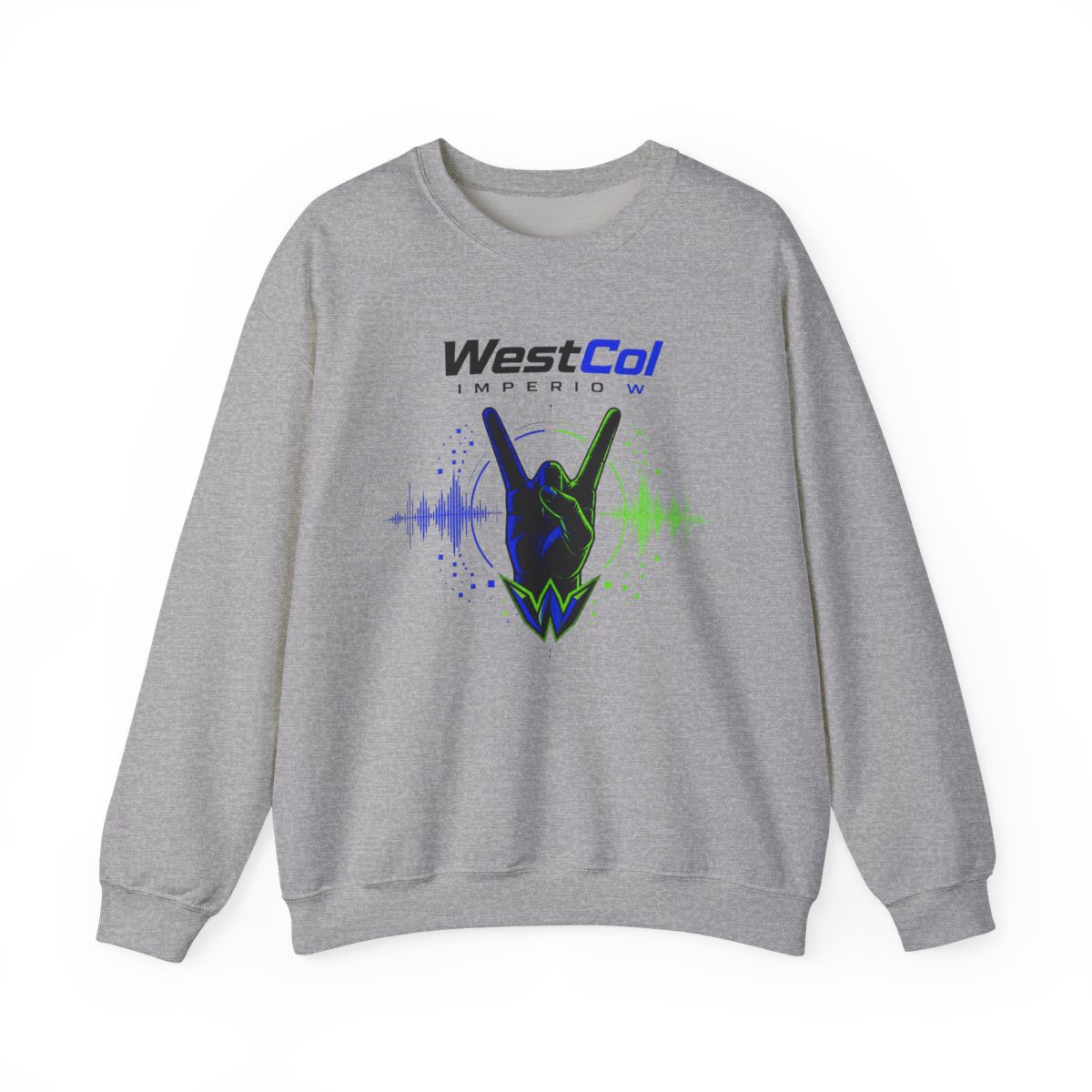 WestCol " hand gesture at the center, reminiscent of the " Crewneck